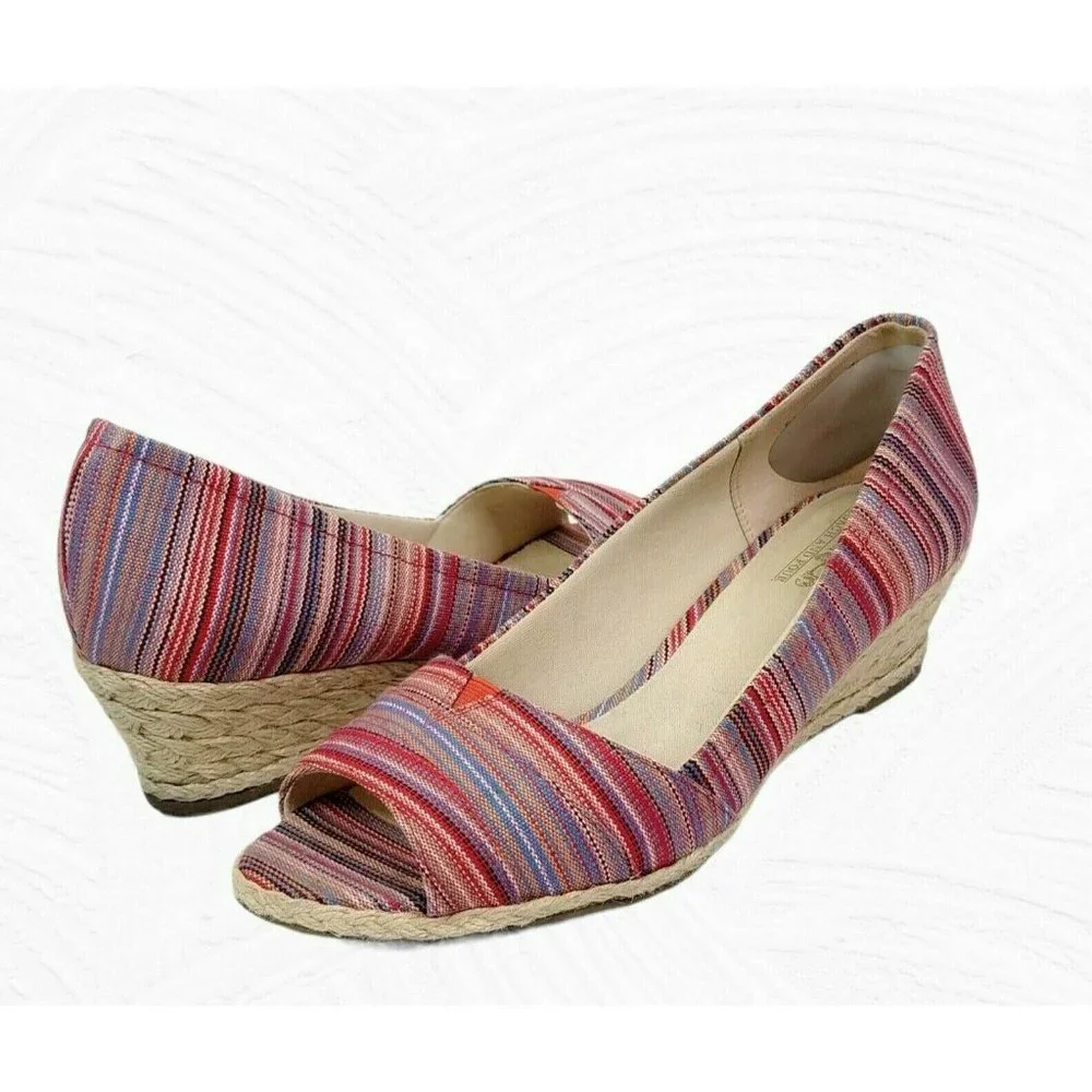 Coach And Four Lucine Stripe Peep Toe Espadrille Wedge Shoes Women's Size 9